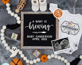 Editable Halloween Pregnancy Announcement, Digital A Baby is Brewing Pregnancy Reveal, Spooky Gender Neutral Baby Template, Social Media