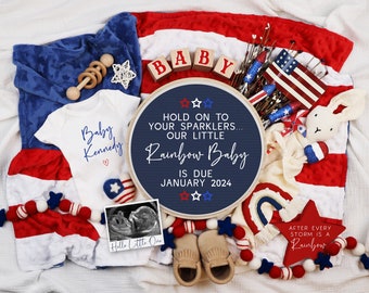 May include: A patriotic baby announcement with a white onesie that says "Baby Kennedy" and a sonogram photo. The announcement includes a red, white, and blue theme with wooden blocks spelling "BABY" and the text "Hold on to your sparklers... Our little Rainbow Baby is due January 2024."