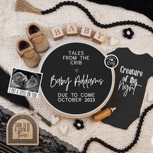 Digital Pregnancy Announcement, Goth Boho Gender Neutral Baby Announcement, Editable Witch Tales from Crib Template, Creature of the Night