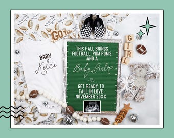 Girl Football Pregnancy Announcement: Cheerleader Gender Reveal, Canva Template (Digital)