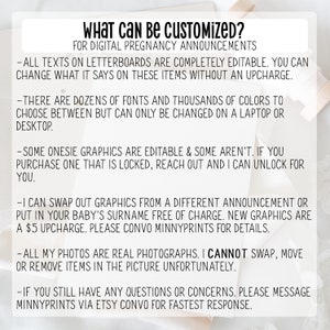 May include: Text on a white background with a list of customization options for digital pregnancy announcements. The text says "What can be customized? For digital pregnancy announcements." and includes details about fonts, colours, graphics, and photos.
