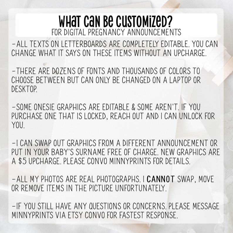 May include: Text on a white background with a list of customization options for digital pregnancy announcements. The text says "What can be customized? For digital pregnancy announcements." and includes details about fonts, colours, graphics, and photos.