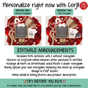 May include: Editable digital announcement for a baby's arrival. The announcement features two versions, one with and one without a sonogram. The announcement includes a chalkboard with the text "Handpicked for Earth by my Angel in Heaven", a baby onesie, a wooden arrow, and wooden blocks that spell out "Baby". The announcement is set on a red and black plaid blanket with a red heart garland and a wooden rainbow.