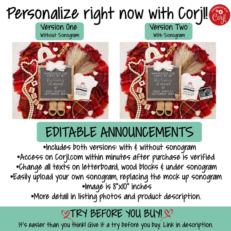 May include: Editable digital announcement for a baby's arrival. The announcement features two versions, one with and one without a sonogram. The announcement includes a chalkboard with the text "Handpicked for Earth by my Angel in Heaven", a baby onesie, a wooden arrow, and wooden blocks that spell out "Baby". The announcement is set on a red and black plaid blanket with a red heart garland and a wooden rainbow.