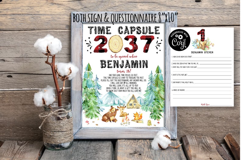 Download Party Favors Games Party Supplies 022 M Editable Lumberjack Time Capsule First Birthday Party Game Wild One Time Capsule One Happy Camper Time Capsule Woodland Animals