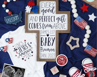 4th of July Pregnancy Announcement, Editable Memorial Day Baby Announcement, James 1:17 Christian Patriotic Pregnancy Announcement Template