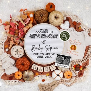 Thanksgiving Pregnancy Announcement Fall Digital Baby Announcement Editable Template Instant Download Gender Neutral Reveal Little Turkey