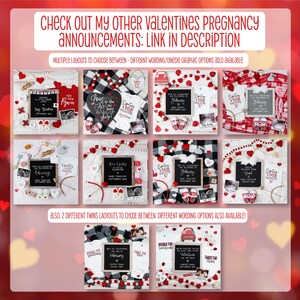 K&ouml;nnte beinhalten: Eine Sammlung von Valentinstags-Schwangerschaftsank&uuml;ndigungsdesigns mit Kreidetafeln, Bodys und Ultraschallbildern. Die Designs beinhalten S&auml;tze wie "Nicht alle Valentinstage werden im Februar geliefert" und "Doppelte S&uuml;&szlig;e".