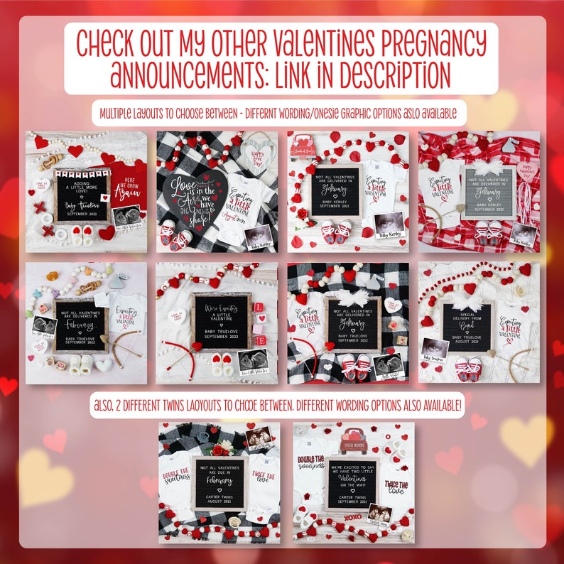 K&ouml;nnte beinhalten: Eine Sammlung von Valentinstags-Schwangerschaftsank&uuml;ndigungsdesigns mit Kreidetafeln, Bodys und Ultraschallbildern. Die Designs beinhalten S&auml;tze wie "Nicht alle Valentinstage werden im Februar geliefert" und "Doppelte S&uuml;&szlig;e".
