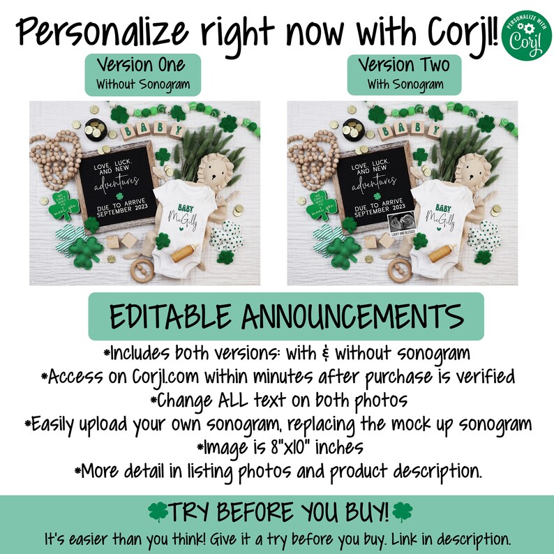 May include: Editable announcement templates for a baby shower. Two versions are included: one with a sonogram and one without. The images feature a green and gold color scheme with shamrocks, a baby onesie, and a chalkboard sign that says "Love, Luck, and New Adventures".