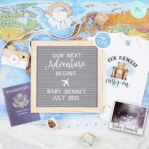 Travel Pregnancy Announcement, Newest Carry-On Digital Pregnancy Announcement, Our Next Adventure Social Media Pregnancy Announcement image 1