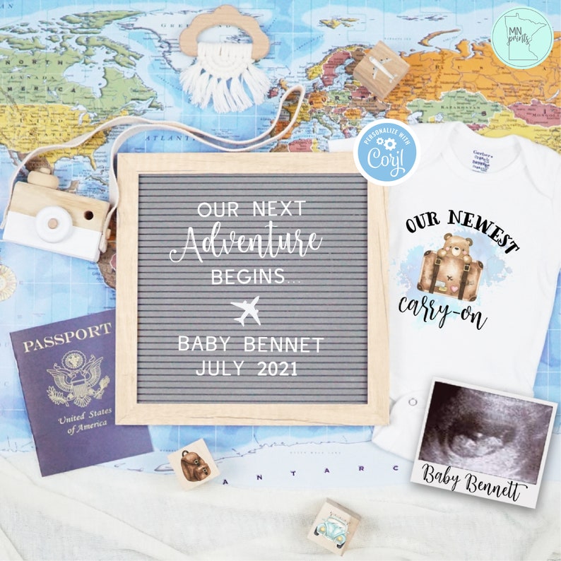Travel Pregnancy Announcement, Newest Carry-On Digital Pregnancy Announcement, Our Next Adventure Social Media Pregnancy Announcement image 1