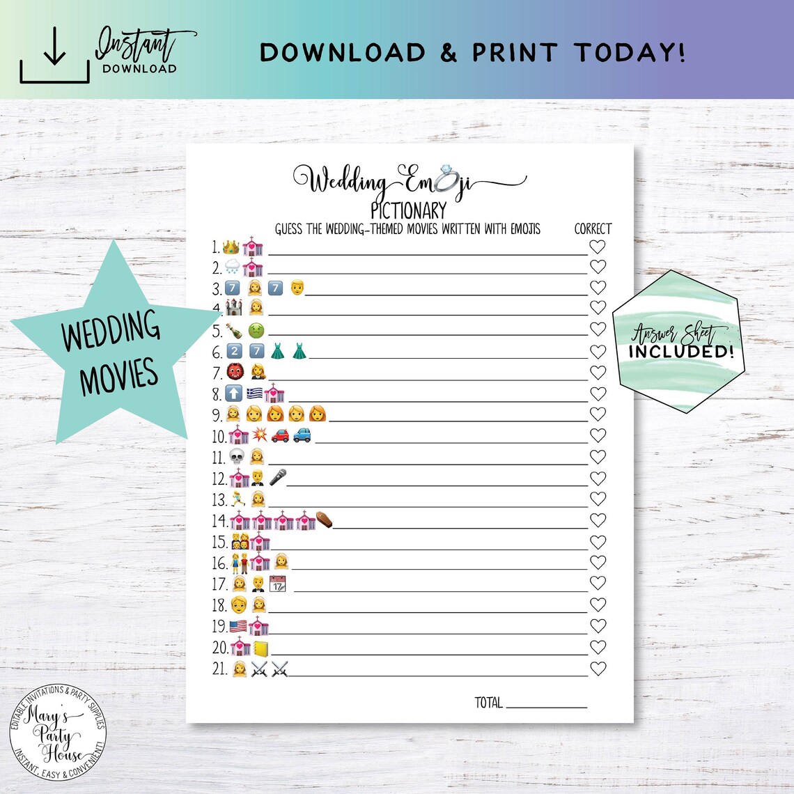 Printable Emoji Bridal Pictionary Game Wedding Emoji Game | Etsy