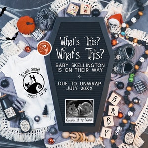 Goth Christmas Pregnancy Announcement Digital, NIghtmare Holiday Social Media Pregnancy Reveal, Boho Halloween Xmas Baby Reveal Template