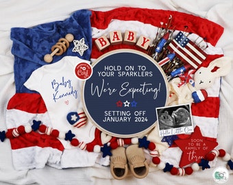 4th of July Pregnancy Announcement Digital, Patriotic Baby Announcement, Editable Template Social Media, Hold on to your Sparklers