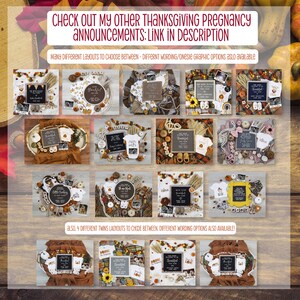 K&ouml;nnte beinhalten: Eine Collage aus 16 verschiedenen Thanksgiving-Schwangerschaftsank&uuml;ndigungsdesigns. Die Designs zeigen eine Vielzahl von Herbst-Requisiten wie K&uuml;rbisse, Bl&auml;tter und Eicheln. Der Text auf den Designs enth&auml;lt S&auml;tze wie "Little Turkey" und "We're So Thankful".