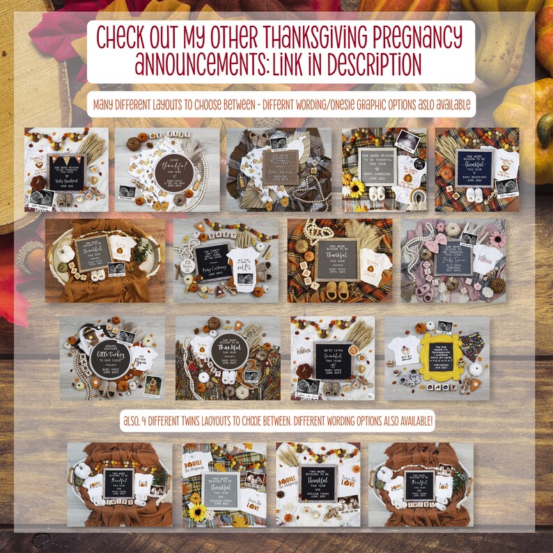 K&ouml;nnte beinhalten: Eine Collage aus 16 verschiedenen Thanksgiving-Schwangerschaftsank&uuml;ndigungsdesigns. Die Designs zeigen eine Vielzahl von Herbst-Requisiten wie K&uuml;rbisse, Bl&auml;tter und Eicheln. Der Text auf den Designs enth&auml;lt S&auml;tze wie "Little Turkey" und "We're So Thankful".