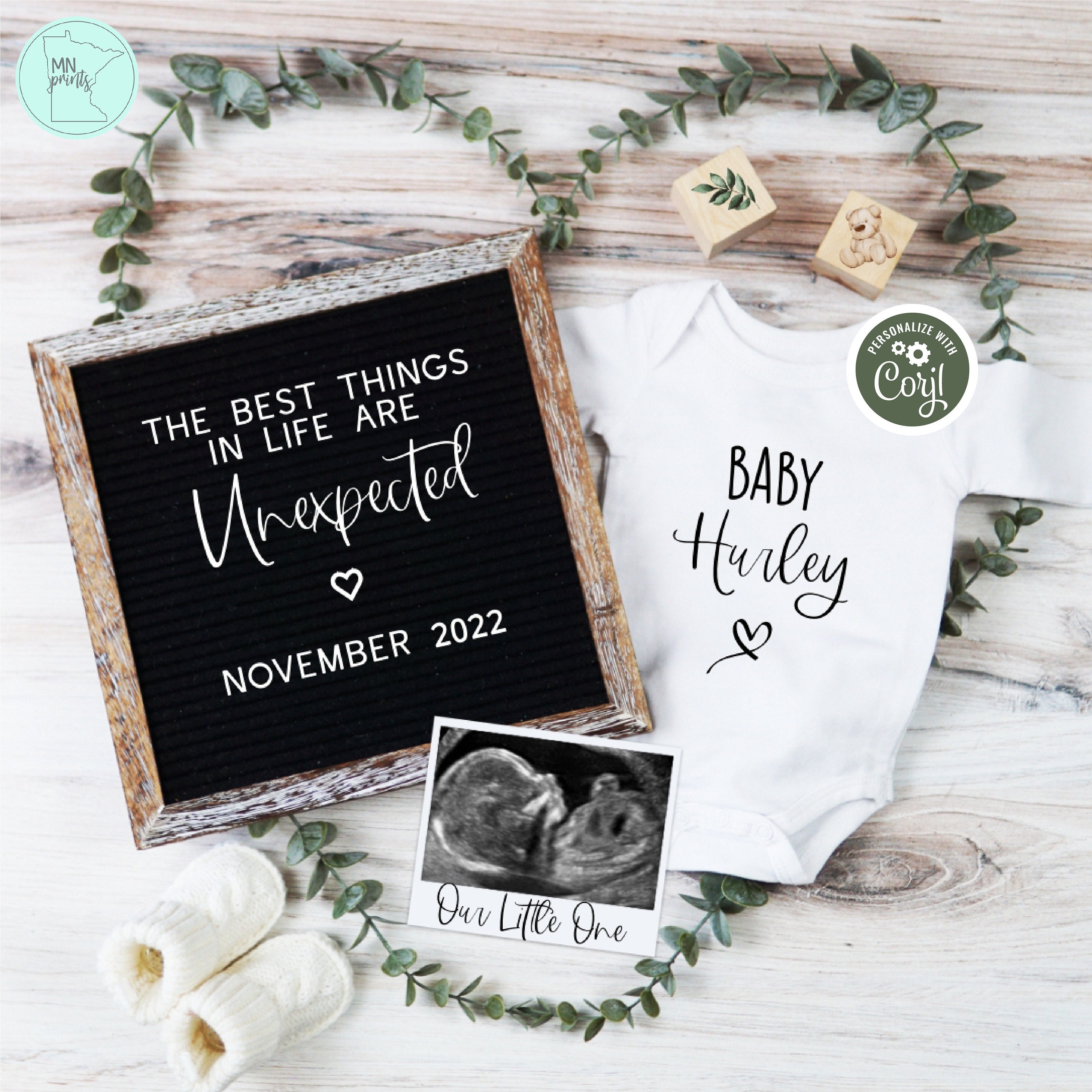 Minimalist Pregnancy Announcement Digital, Editable Greenery