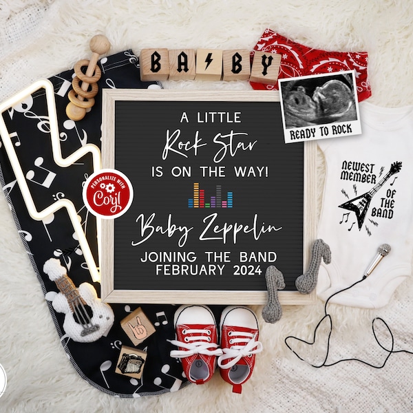 Rock n Roll Pregnancy Announcement Digital, Heavy Metal Themed Baby Reveal Template, Little Rock Star Baby Announcement for Social Media