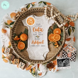 Cutie Pregnancy Announcement Digital, Editable Boho Little Cutie on the Way Baby Reveal, Orange Clementine Pregnancy Social Media Template