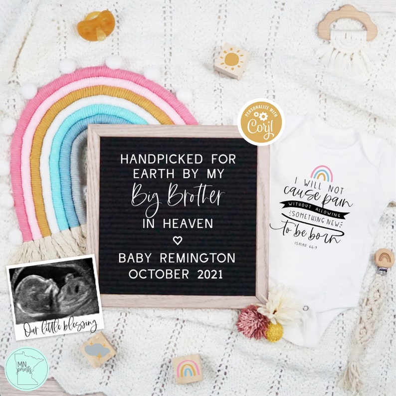 Rainbow Baby Pregnancy Announcement, Editable Handpicked by Heaven Social Media Pregnancy Template, Letter Board Digital Pregnancy Reveal image 1