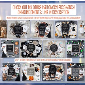 May include: A collection of 12 different Halloween pregnancy announcement designs featuring various props, including a black and white ghost, a black and white coffin, a black and white baby onesie, a black and white chalkboard, a black and white pumpkin, a black and white spider, a black and white skull, a black and white bat, a black and white witch hat, a black and white candy corn, a black and white ghost, and a black and white pumpkin.