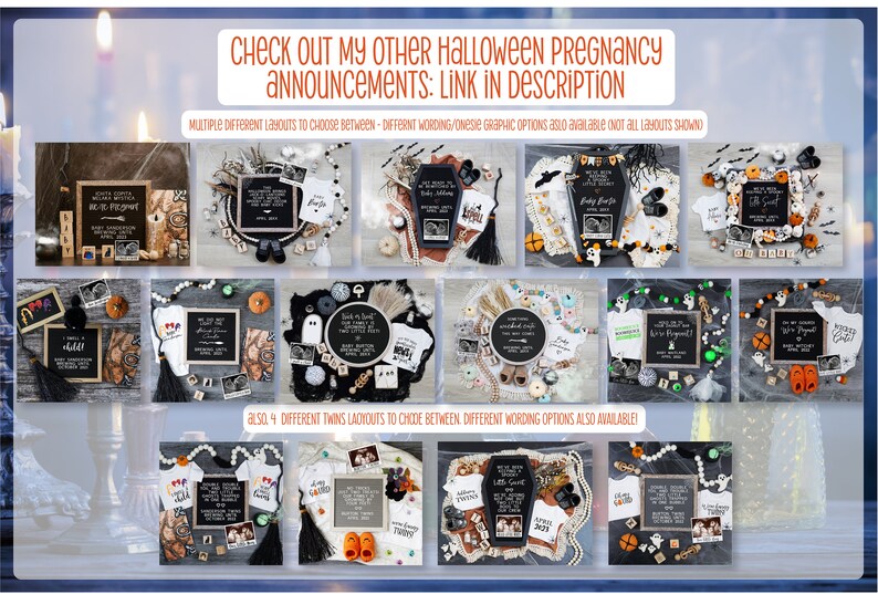 May include: A collection of 12 different Halloween pregnancy announcement designs featuring various props, including a black and white ghost, a black and white coffin, a black and white baby onesie, a black and white chalkboard, a black and white pumpkin, a black and white spider, a black and white skull, a black and white bat, a black and white witch hat, a black and white candy corn, a black and white ghost, and a black and white pumpkin.