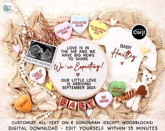 May include: A digital download for a Valentine's Day baby announcement. The announcement features a sonogram image, a heart-shaped sign that says "We're Expecting!" and a baby onesie that says "Baby Hartley".
