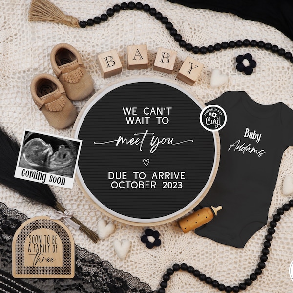 Digital Pregnancy Announcement, Goth Boho Gender Neutral Baby Announcement, Editable Dark Baby Reveal Template, We Can't Wait to Meet You