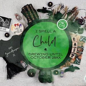 Halloween Pregnancy Announcement Digital Spooky Witch Baby Reveal Spooky Unexpected Surprsied Gender Neutral Cauldron I Smell a Child