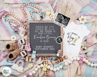 Easter Rainbow Baby Announcement Digital, Spring Pregnancy Reveal, Boho Gender Neutral Template, Could be Pink Could Be Blue, Rainbow Bunny
