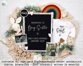 Big Sister or Brother Rainbow Pregnancy Announcement Digital Boho 2nd Rainbow Baby Announcement Social Media Reveal Editable Template