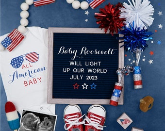 Fourth of July Pregnancy Announcement, Digital Pregnant Reveal, 4th of July Editable Baby Reveal, Social Media All American Baby