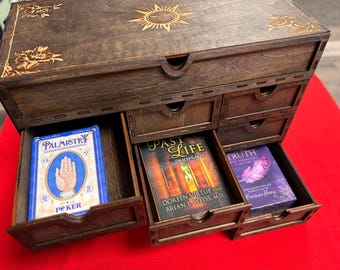 Large Wooden Tarot Card Deck Holder: 13-Drawer Altar Box