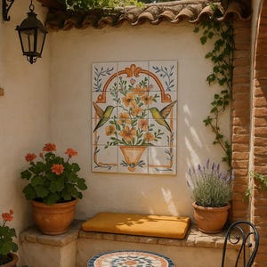 Hand-Painted Tile Mural / Unique Wall Art / Decorative Ceramic Panel / One-of-a-Kind Tin-Glazed Pottery / otanical Tiles Mural