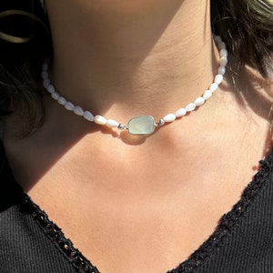 Tiny shell beaded choker necklace with Aqua Chalcedony pendant