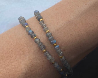 Faceted Labradorite, 18k Gold, small stone beaded necklace or wrap bracelet