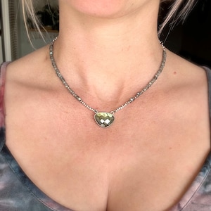 Labradorite, sterling silver, tiny beaded pendant necklace