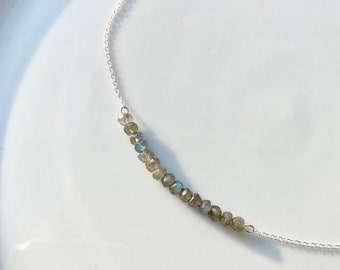 ラブラドライトネックレス、シルバー、50cm、低アレルギー性ステンレス