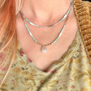 Moss Agate, Peruvian Opal, Labradorite, 18k Gold plated, layered stacked necklace