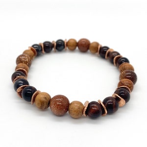 Red Tigers Eye, Sandstone, Bayong wood, raw copper/ beaded stretch bracelet/ aromatherapy bracelet