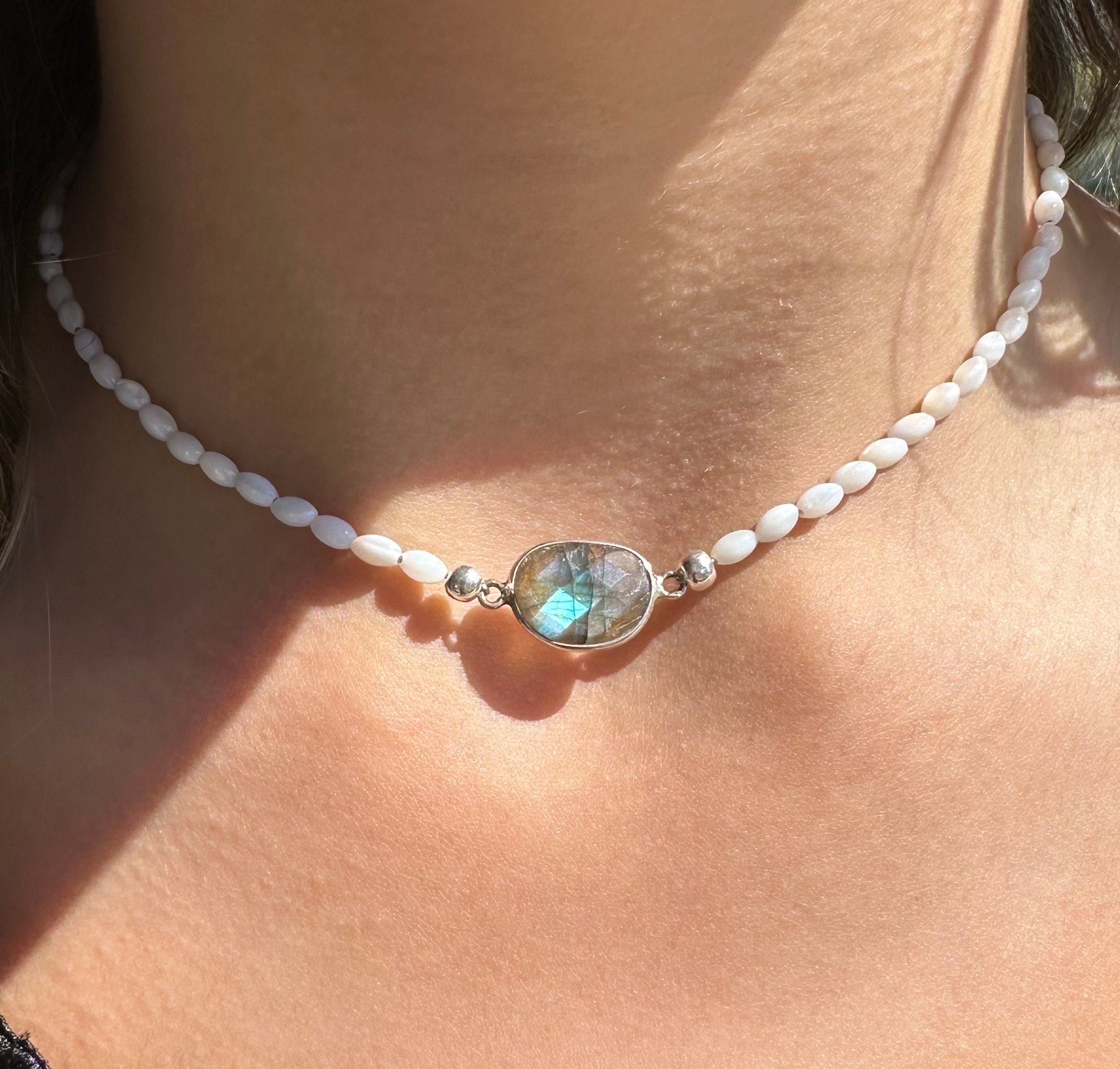 Tiny Shell Beaded Choker Necklace With Labradorite Crystal Pendant - Etsy
