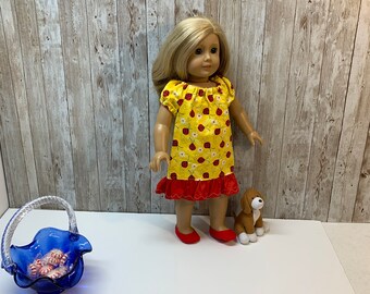 18 inch doll dress, lady bugs and flowers with red ruffle hem, with matchig red slippers