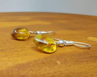 Mexican amber sterling silver dainty heart earrings / natural amber jewelry / silver earrings