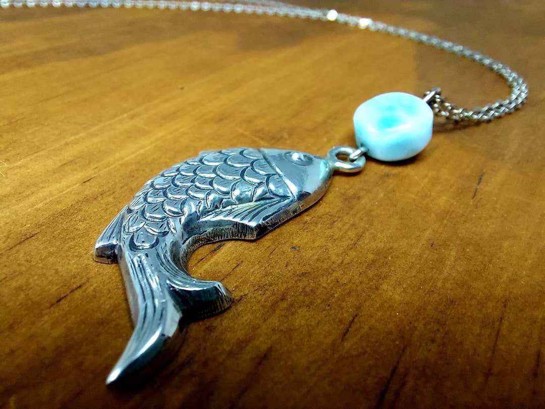 Larimar Necklace / 925 Sterling Silver Larimar Fish Pendant / Silver ...