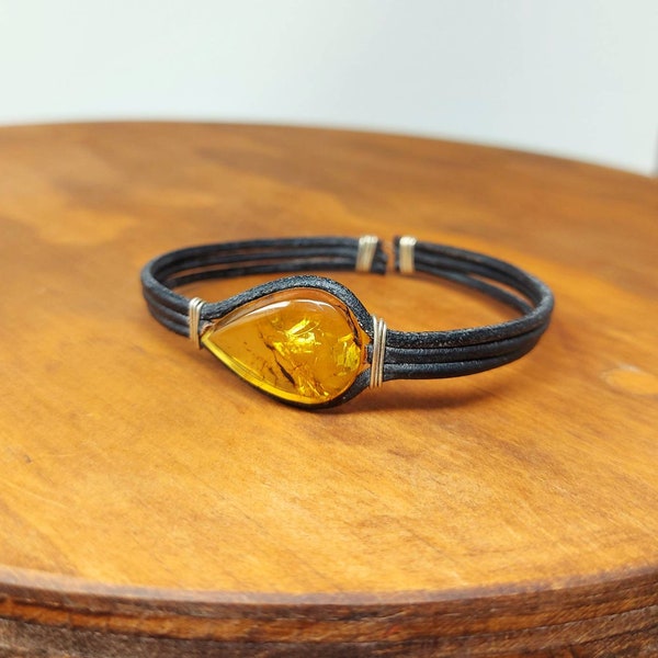 Mexican amber mens leather bracelet