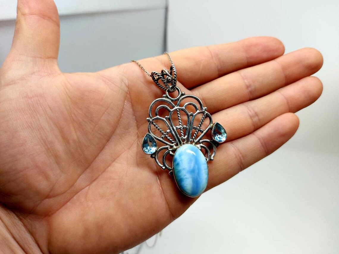 Collier En Argent Sterling 925 Et Larimar Bleu - Fait Main - Longueur 18 Pouces - Neuf