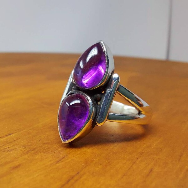 Sterling silver amethyst boho two stone ring / February birthstone ring