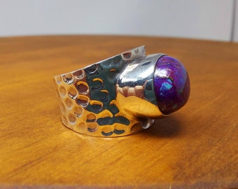 Hammered Sterling silver purple copper turquoise boho ring