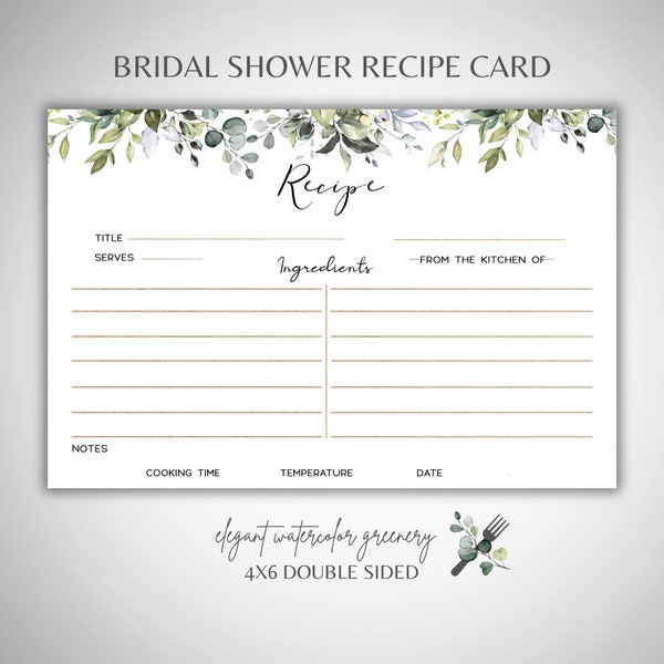 Bridal Shower Greenery Recipe Cards, Eucalyptus Wedding, 4x6 recipe card, Printed recipe cards Double sided